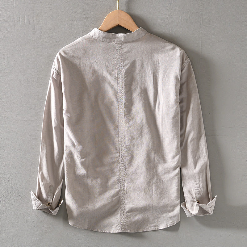 Men's Solid Color Stand Collar Casual Linen Shirt