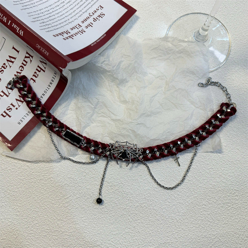 Cadena de clavícula de felpa de telaraña roja vintage