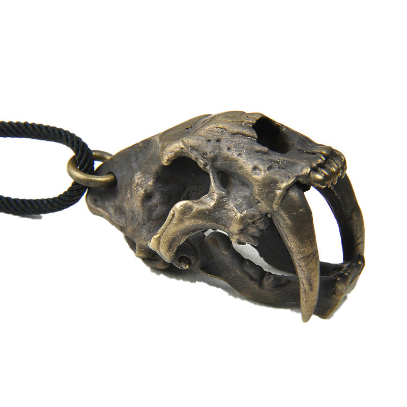 Vintage Brass Saber-toothed Cat Skull Pendant Necklace