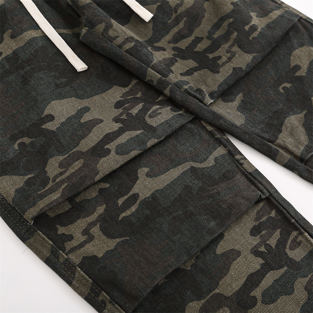 Men's Loose Casual Pleated Drawstring Straight Jeans