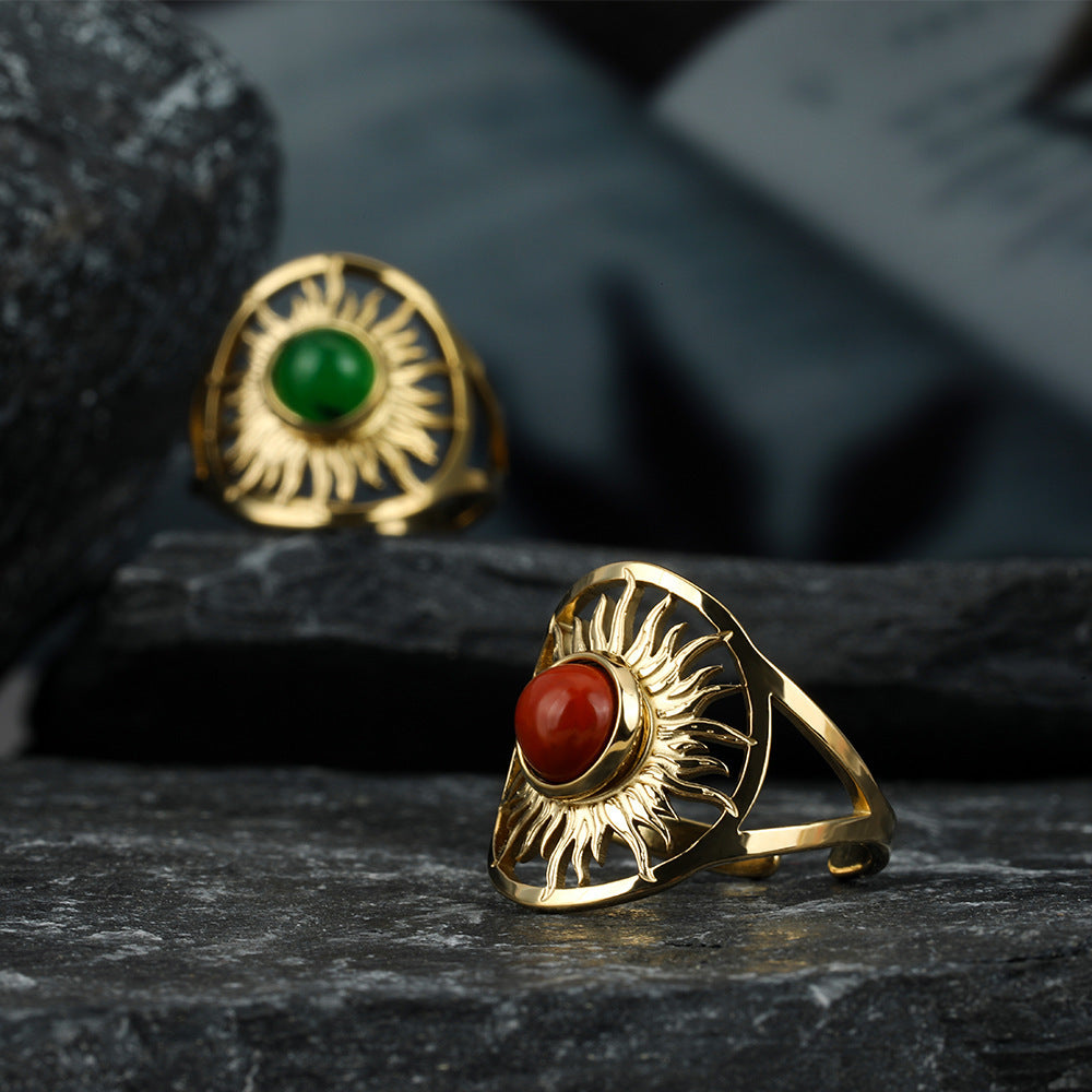 Anillo de acero de titanio con girasol hueco femenino ajustable de acero inoxidable