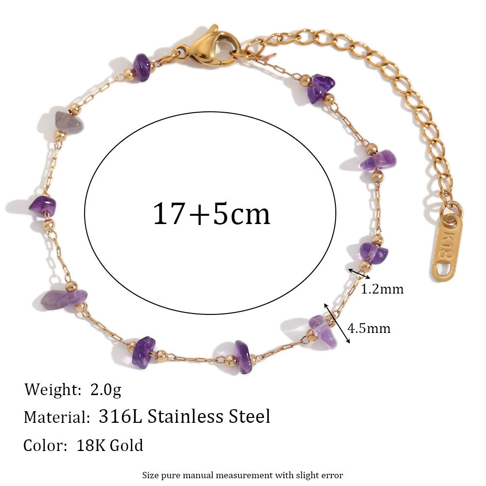 Stainless Steel 18K Gold Plating Amethyst Gravel Handmade Chain Necklace Bracelet For Women