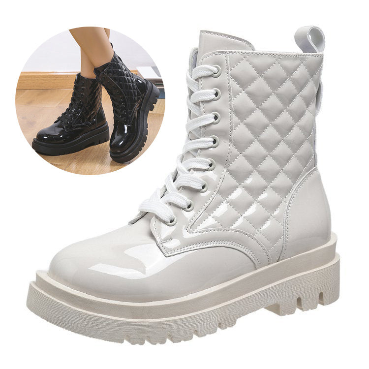 Botas de tacón grueso con cordones para mujer, botines informales con plataforma y punta redonda, zapatos de moto minimalistas con patrón acolchado a la moda, para invierno