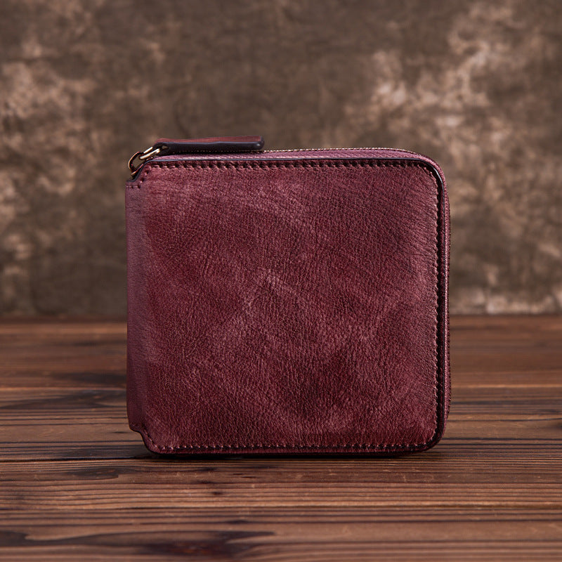 Portefeuille court en cuir de vache de couleur unie, frotté à la main