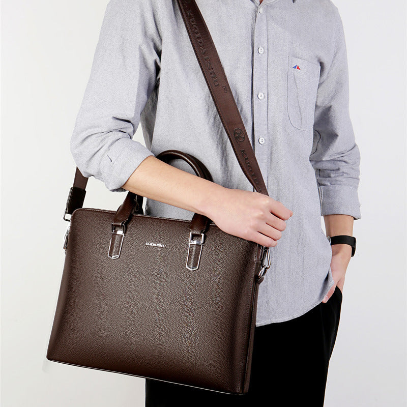 Bolso de mano para hombre, doble tirón, gran capacidad, bolso para ordenador de negocios, sensación táctil de cuero auténtico