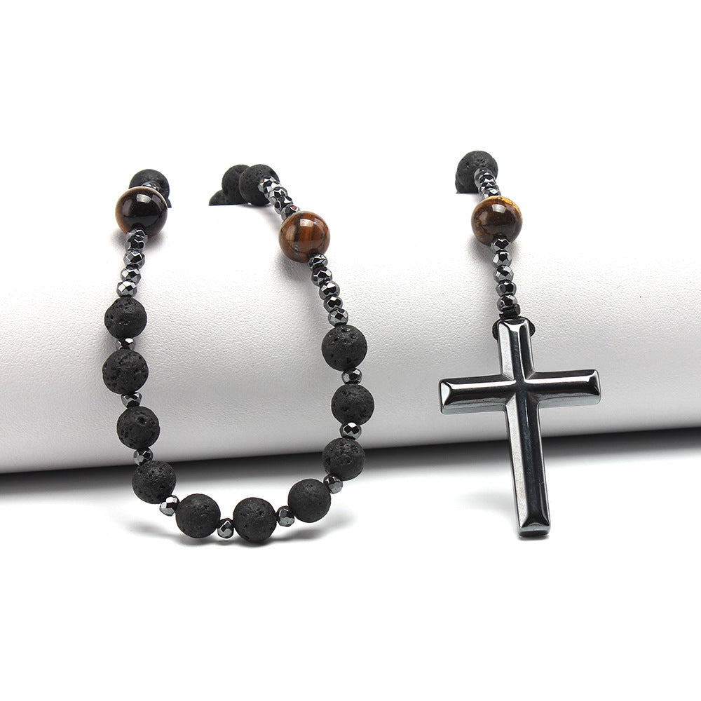 Natural Stone Black Volcanic Rock Yellow Tiger Eyes Haematite Cross Religion Men's Necklace Beads