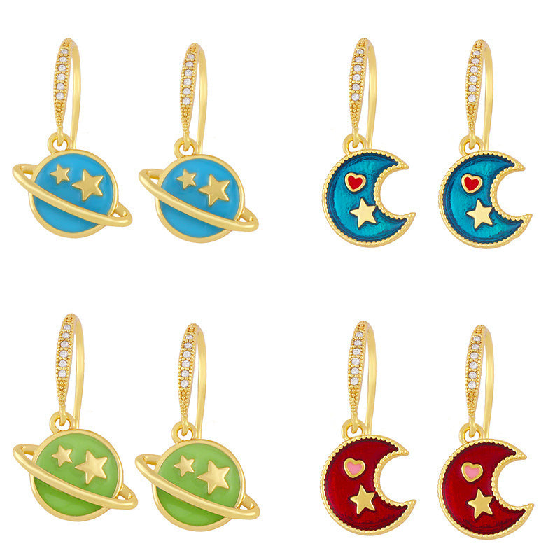 Universe Star Moon Earrings Creative Personality Drop Oil Diamond Simple Jewelry