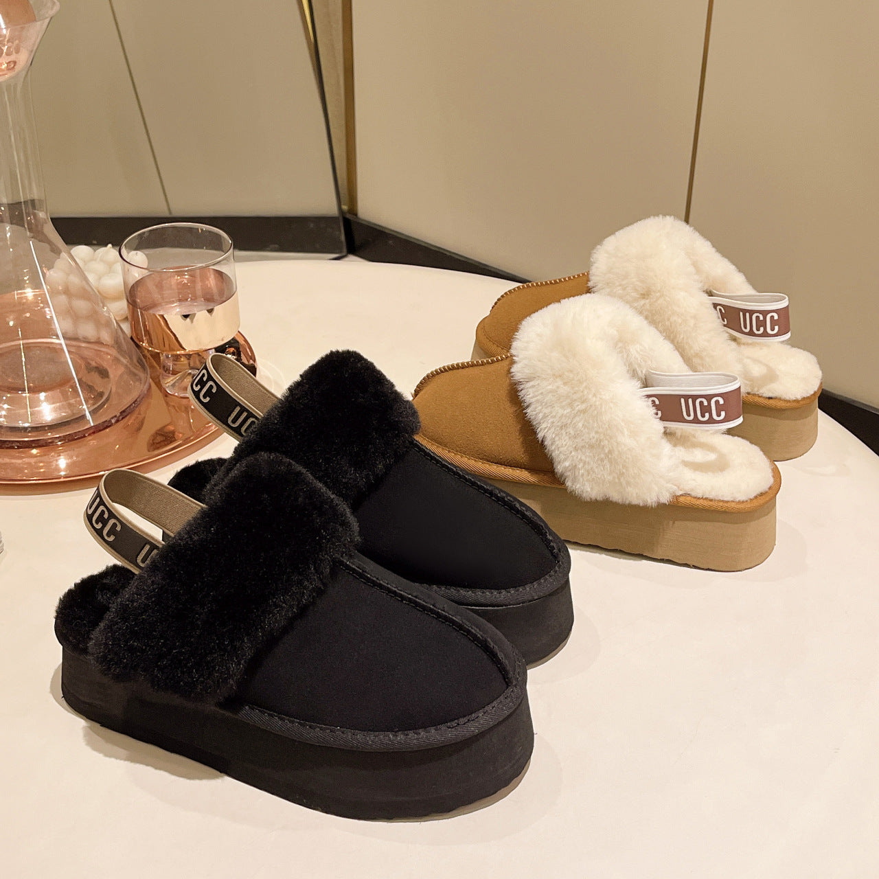 Bottes de neige à plateforme intégrée en fourrure avec embout antidérapant