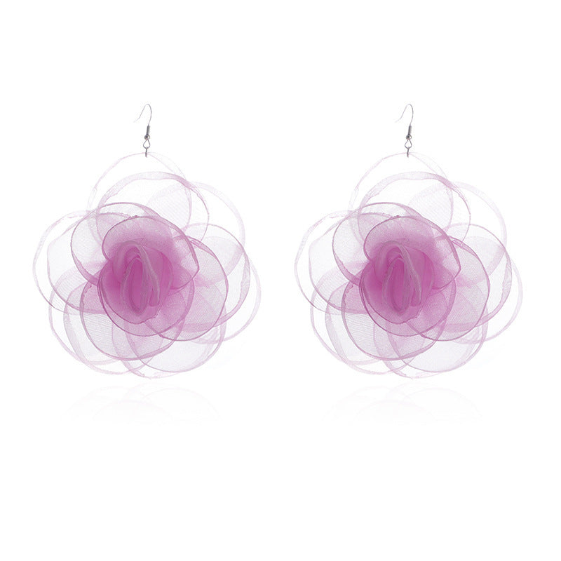 Chiffon Retro Three-dimensional Advanced Rose Camellia Stud Earrings