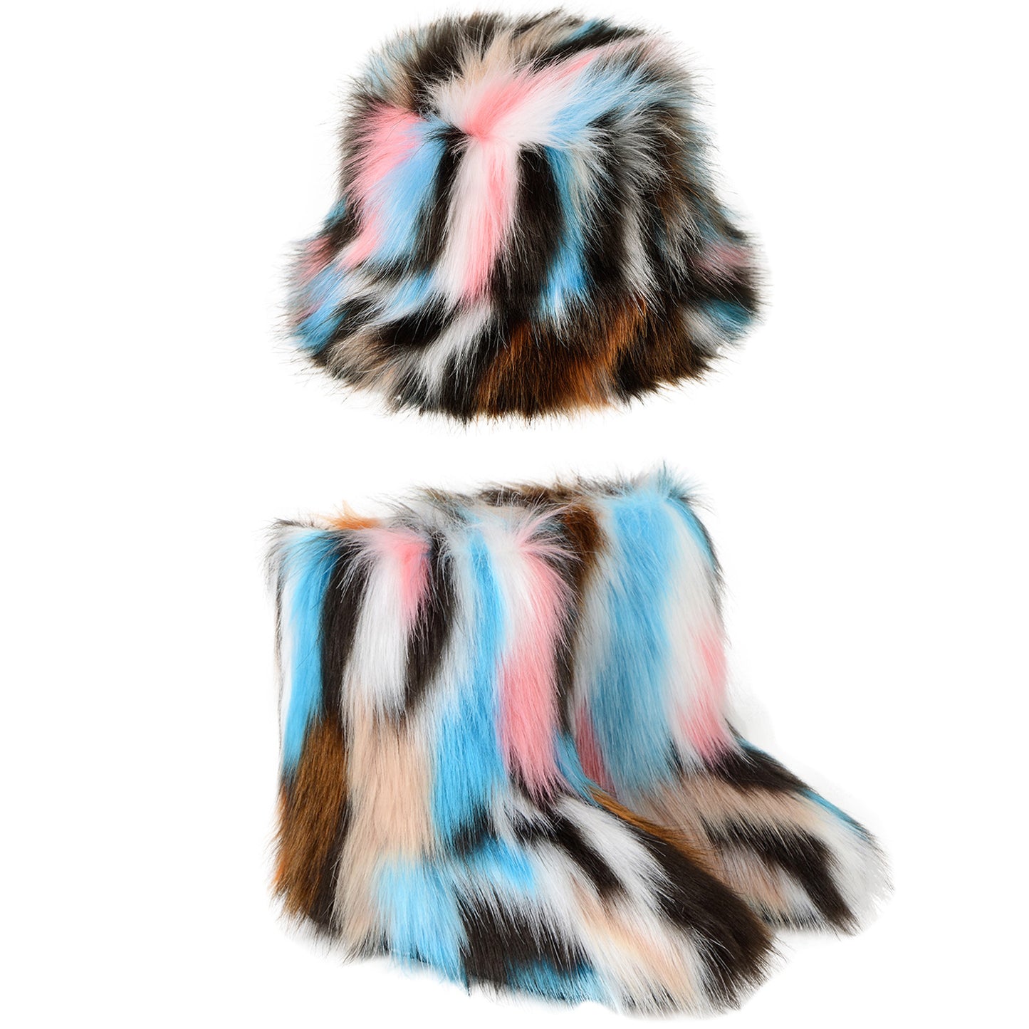 Bottes chaudes en peluche, chapeau seau en fourrure colorée