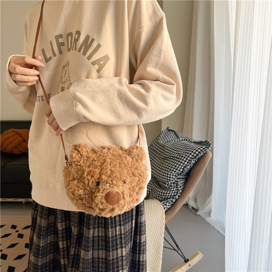 Sac messager mignon ours à fourrure série marron pour filles