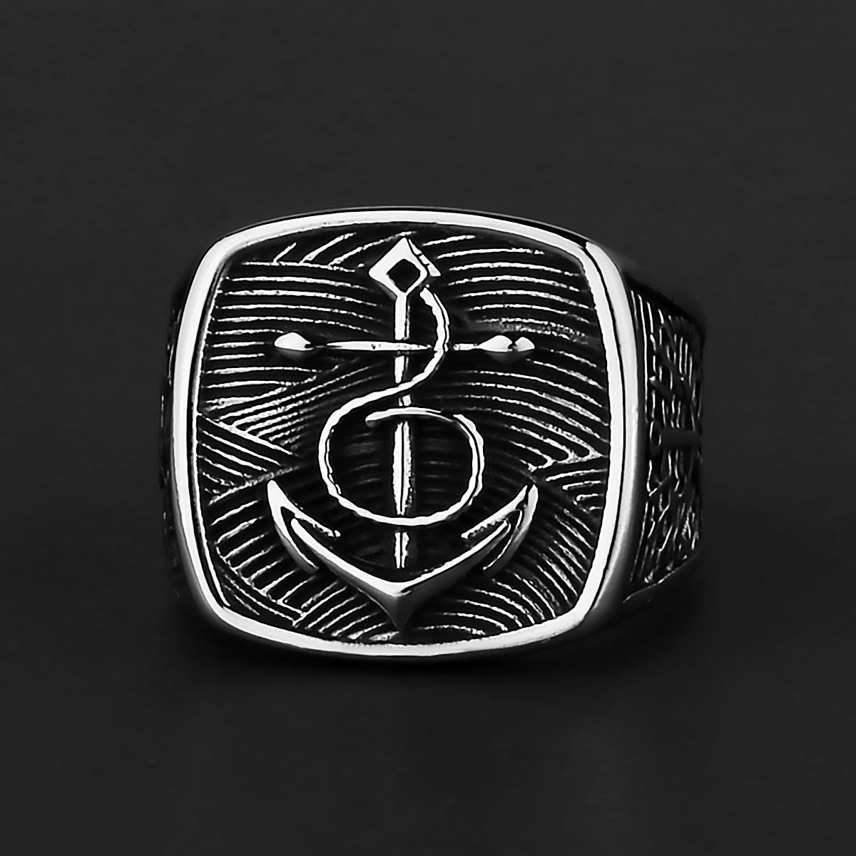 Nordic Viking Boat Anchor Titanium Steel Ring Pirate Compass Ring