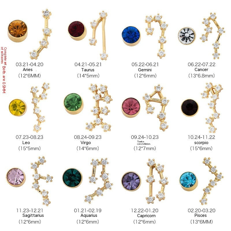 Clous d'oreilles personnalisés, 12 constellations, pierre de naissance, AB, tempérament asymétrique, aiguille auriculaire pour femme
