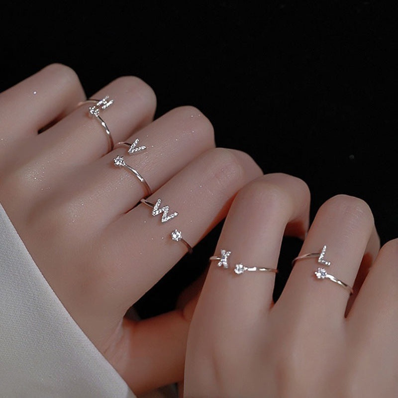 Female Stylish Adjustable Zircon 26 Letters Ring