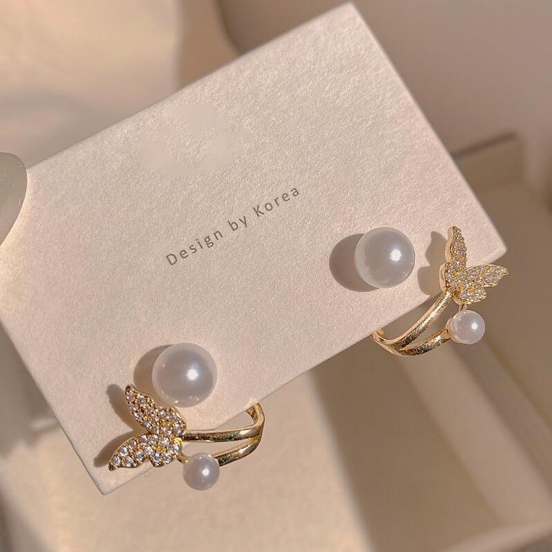 Boucles d'oreilles en perles queue de poisson élégantes à la mode pour femmes pleines de diamants