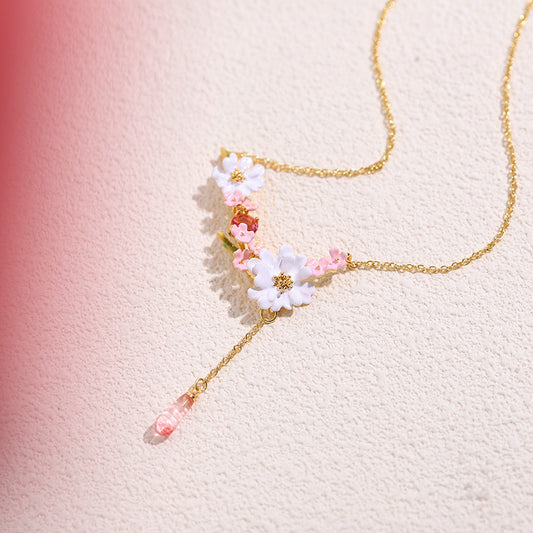 Impression Series Lace Flower Verbena Pink Water Drop Pendant Gold Necklace