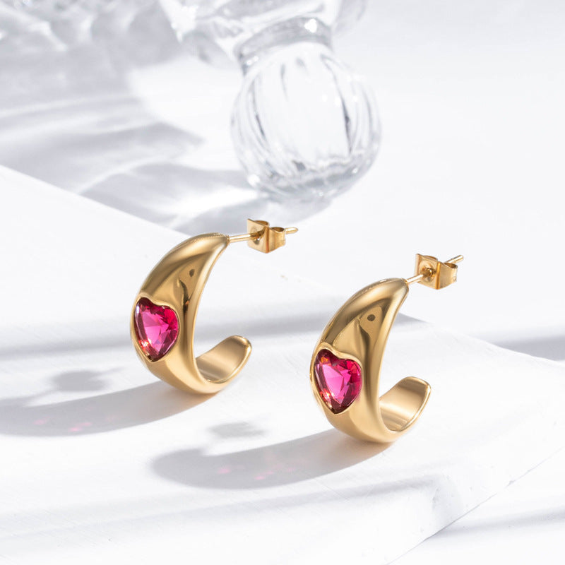 Boucles d'oreilles simples et gracieuses en acier inoxydable, cœur aimant en Zircon