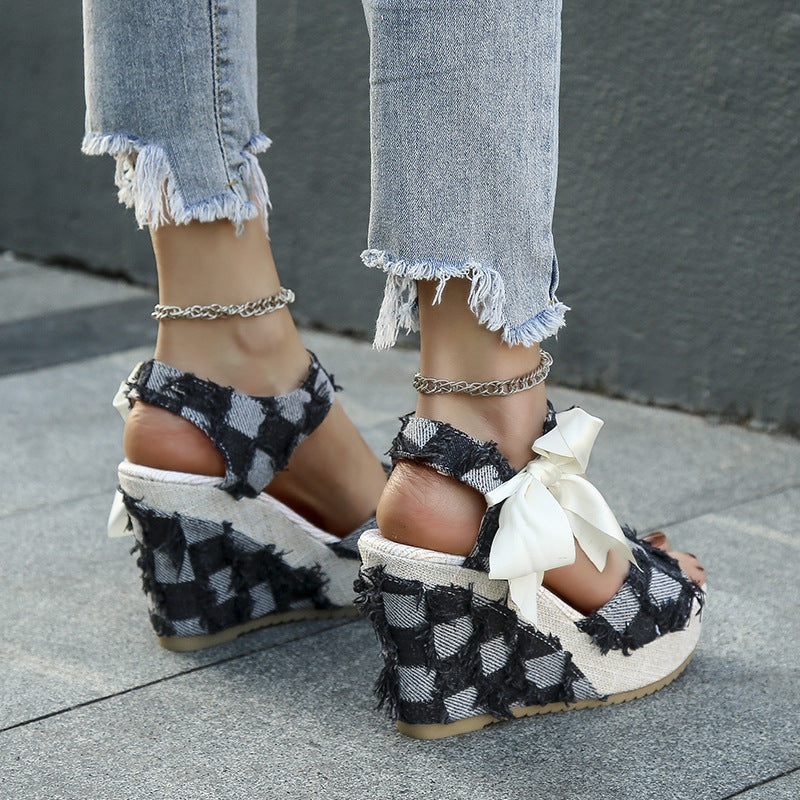 Fashion Wedge Peep Toe Bow Lace-up High Heel Platform Sandals