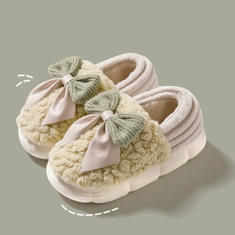 Zapatillas mullidas con Nudo De Lazo Grande Zapatos De Algodón con Tacón Cubierto Cálido De Invierno Zapatillas De Plataforma De Suela Gruesa De Moda Zapatos para Caminar En El Jardín Interior Y Exterior