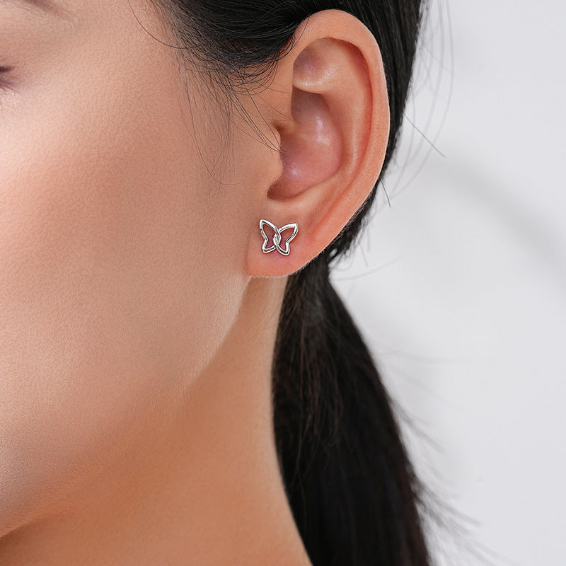 Female Sweet S925 Sterling Silver Butterfly Hollow Ear Stud