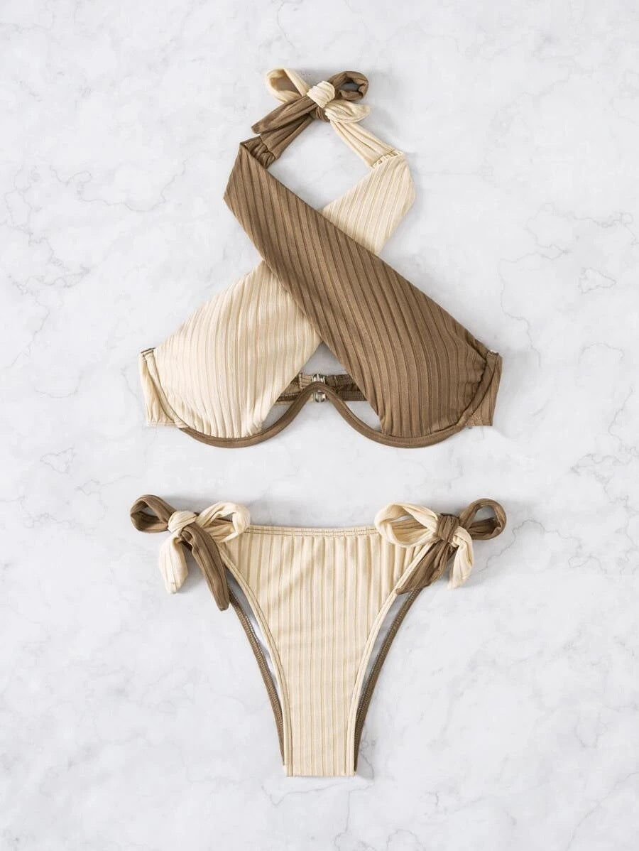 Maillot de bain bicolore pour femmes, Bikini, col suspendu, dos croisé, Slim