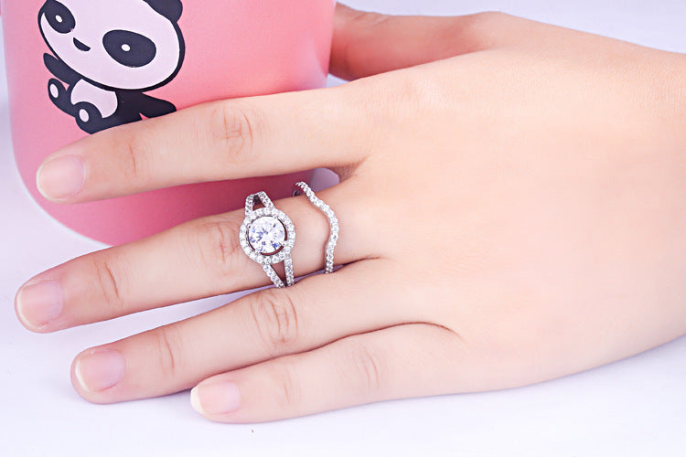 Silver Inlaid Zircon Gang Drill Combination Ring Set