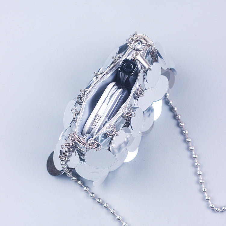 Sac messager à bandoulière pailleté avec chaîne de sac tissé pour femmes fait à la main