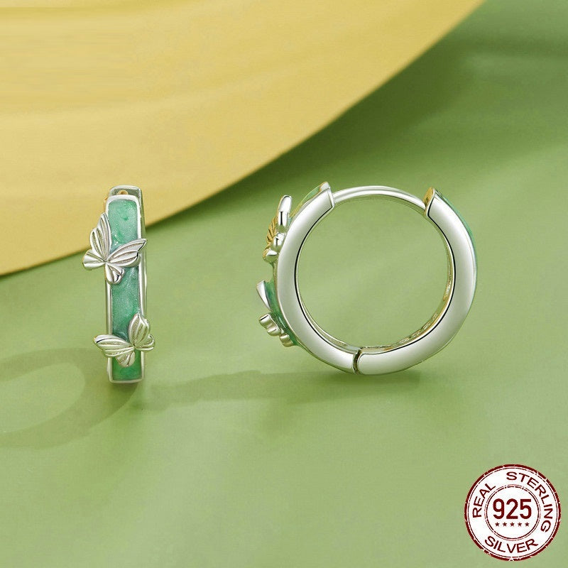 Simple Green Butterfly Ear Clip S925 Sterling Silver Earrings Jewelry