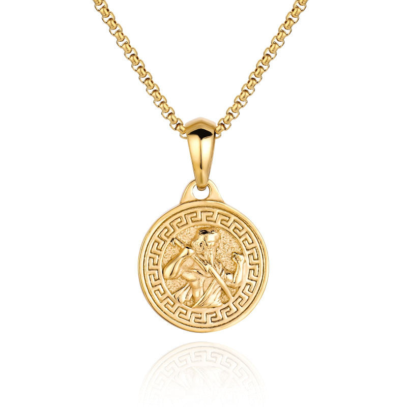 Collar con colgante chapado en oro de 18 quilates con moneda de acero inoxidable y brújula para hombre