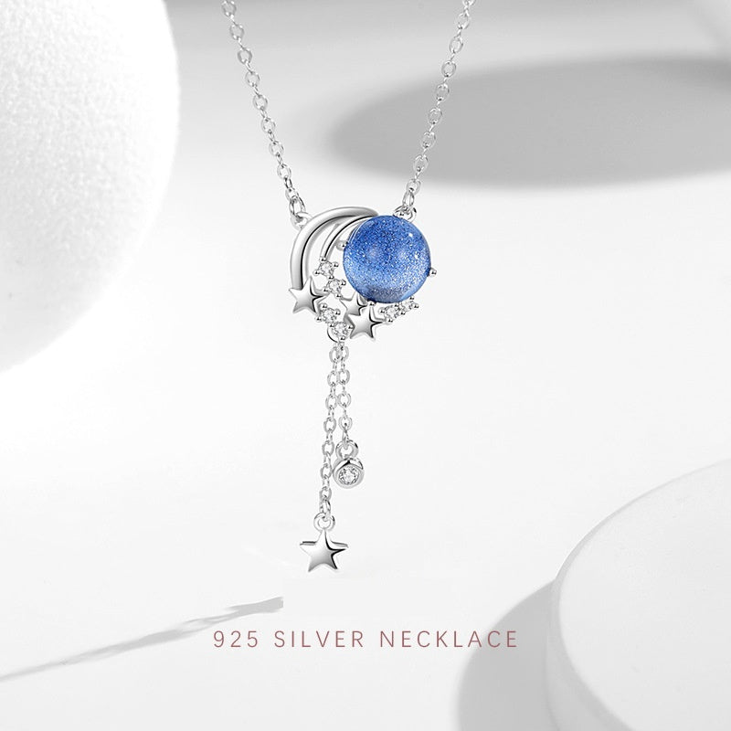 Sterling Silver S925 Simple Niche Design Glazed Stone Clavicle Chain Ins Style Moon Pendant