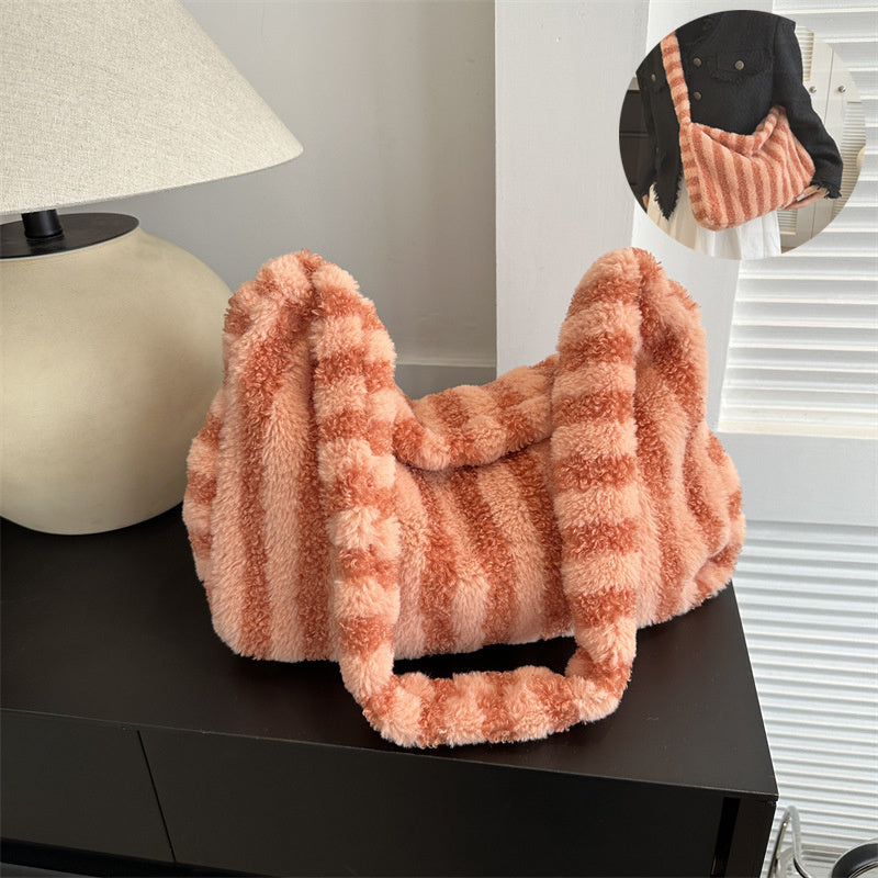 Sac en peluche rayé de grande capacité, nouvelle mode d'hiver, fourre-tout Portable, sacs à bandoulière Shopping, sacs à main en fourrure pour femmes