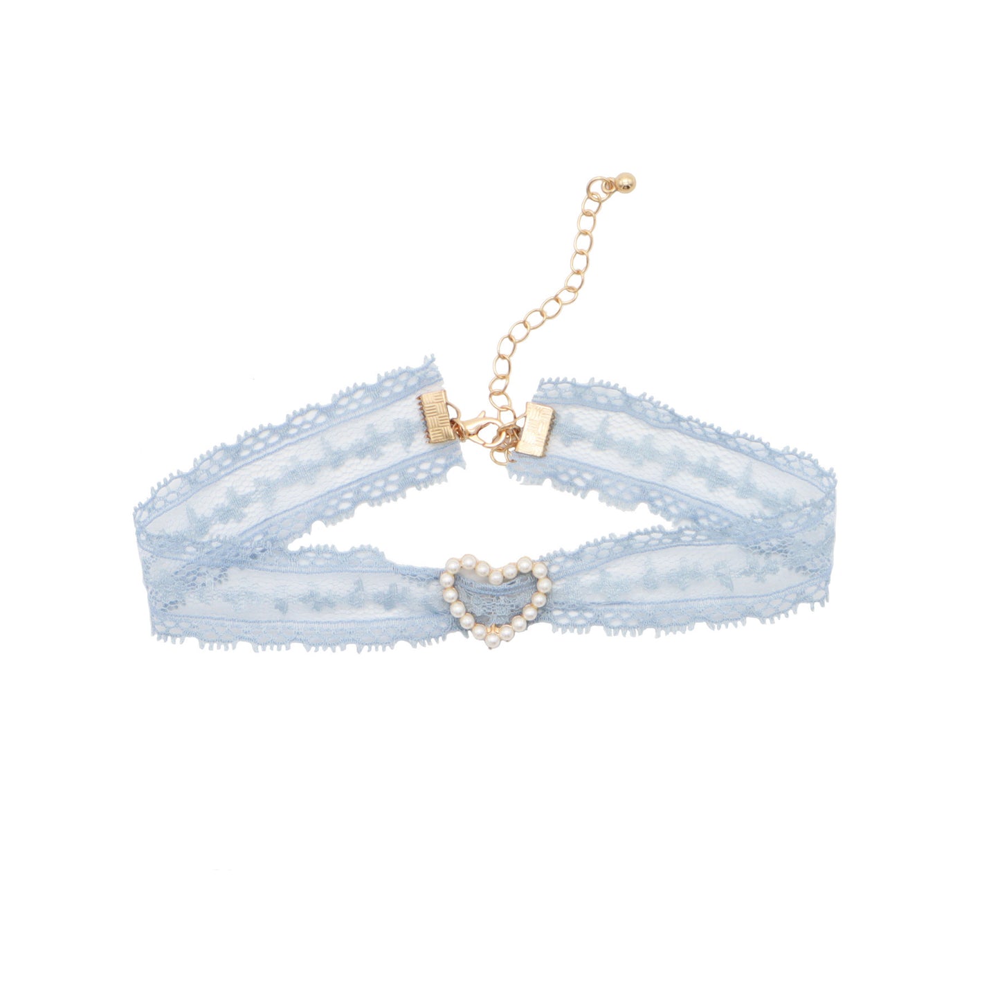 Sweet Accessories Collier ras du cou en perles avec ruban de dentelle gris et bleu
