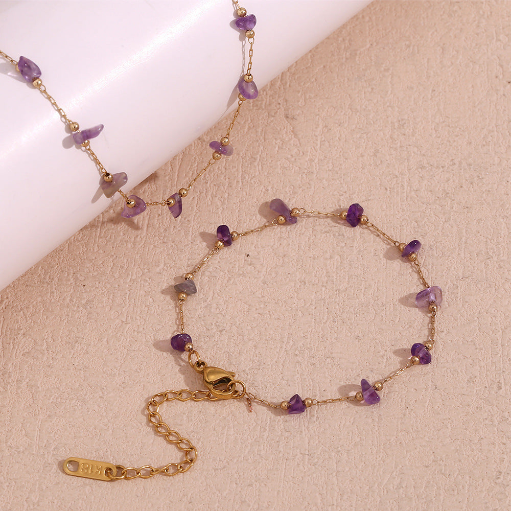 Stainless Steel 18K Gold Plating Amethyst Gravel Handmade Chain Necklace Bracelet For Women