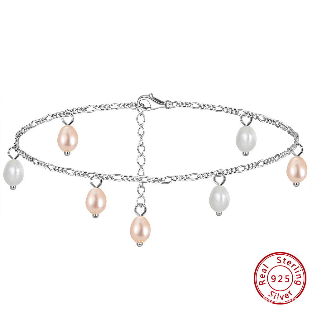 925 Sterling Silver Anklet Colorful Natural Small Rice-shaped Beads Pendant