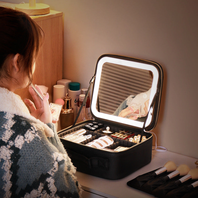 Avec miroir et lumière LED, sac cosmétique, boîte de rangement pour soins de la peau