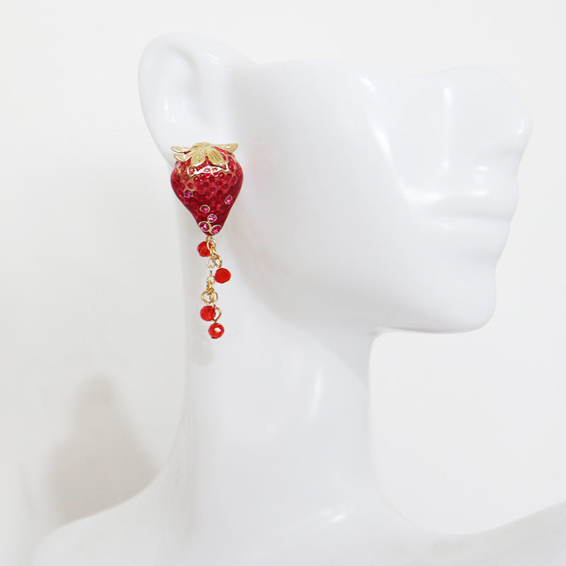Boucles d'oreilles en émail dégoulinant de fruits fraises et diamants en argent sterling avec aiguille